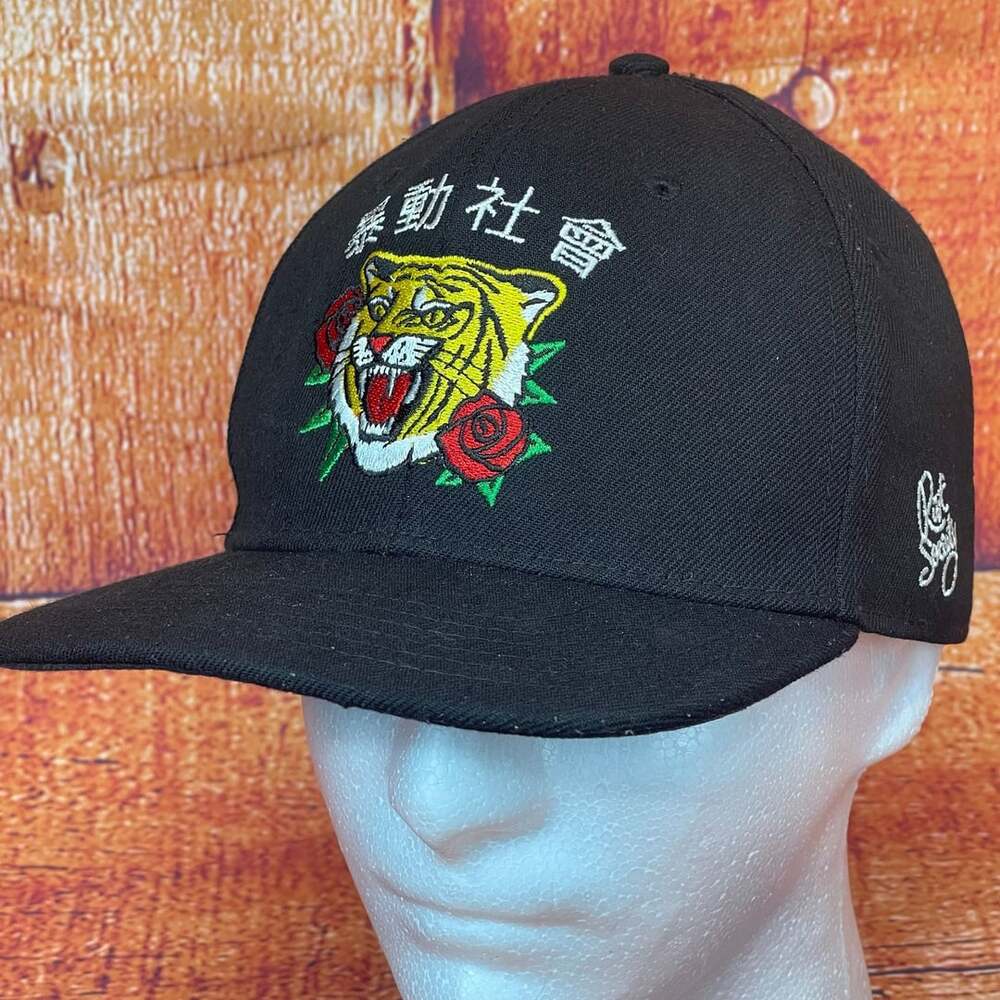 Riot Society Black Snapback Hat Tiger and Roses Graphic Cap